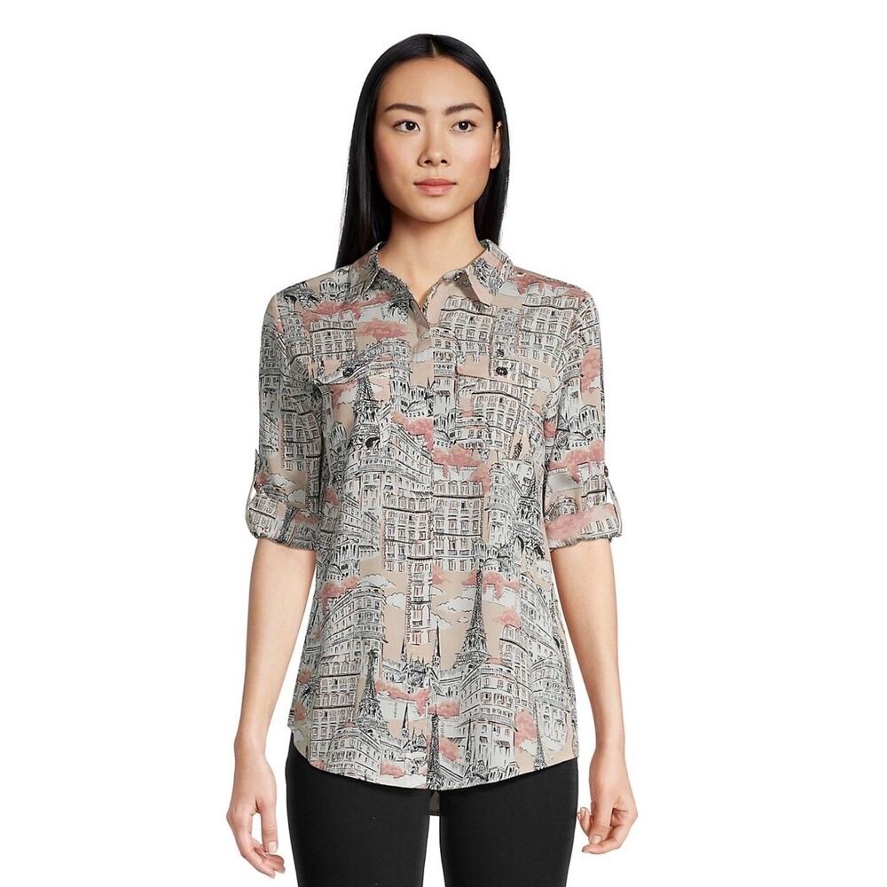 Karl Lagerfield Whimsical Print‎ Collar Pocket Roll-Tab Shirt Dune Pink Small - Picture 8 of 8